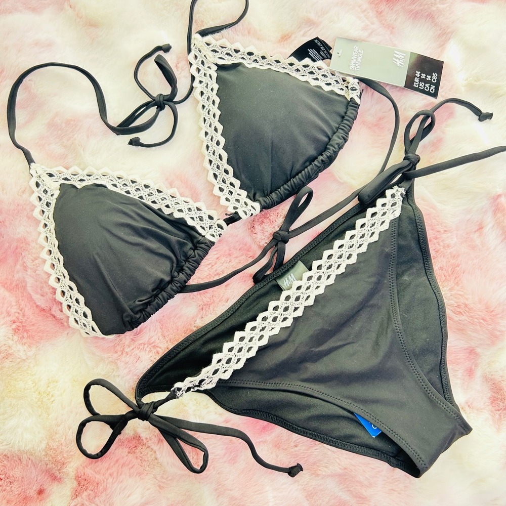 H&M Women Size 14/12 Bikini Set Black White Lace Trim Triangle Tanga NWT